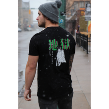 Load image into Gallery viewer, Male model wearing All My Friends Are Dead shirt showing the back design in size large
