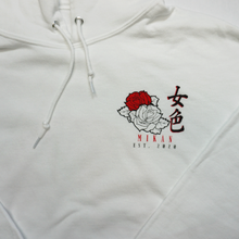 Load image into Gallery viewer, Close up view of Mikan Est, 2020 with red and white roses on the font of white hoodie
