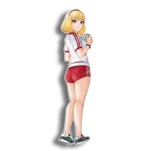 Cosette in workout clothing eating a donut. Vinyl decal sticker