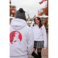 Load image into Gallery viewer, Female and Male models wearing Mikan Geisha hoodie with the males back facing the camera and the female model facing the camera showing the front of the hoodie 
