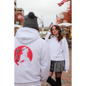 Female and Male models wearing Mikan Geisha hoodie with the males back facing the camera and the female model facing the camera showing the front of the hoodie 
