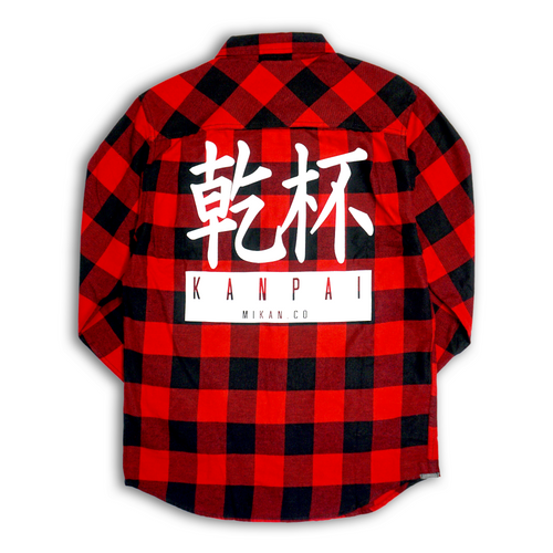 red and black flannel with the kanji for kanpai on the back along with kanpai in english and Mikan.co