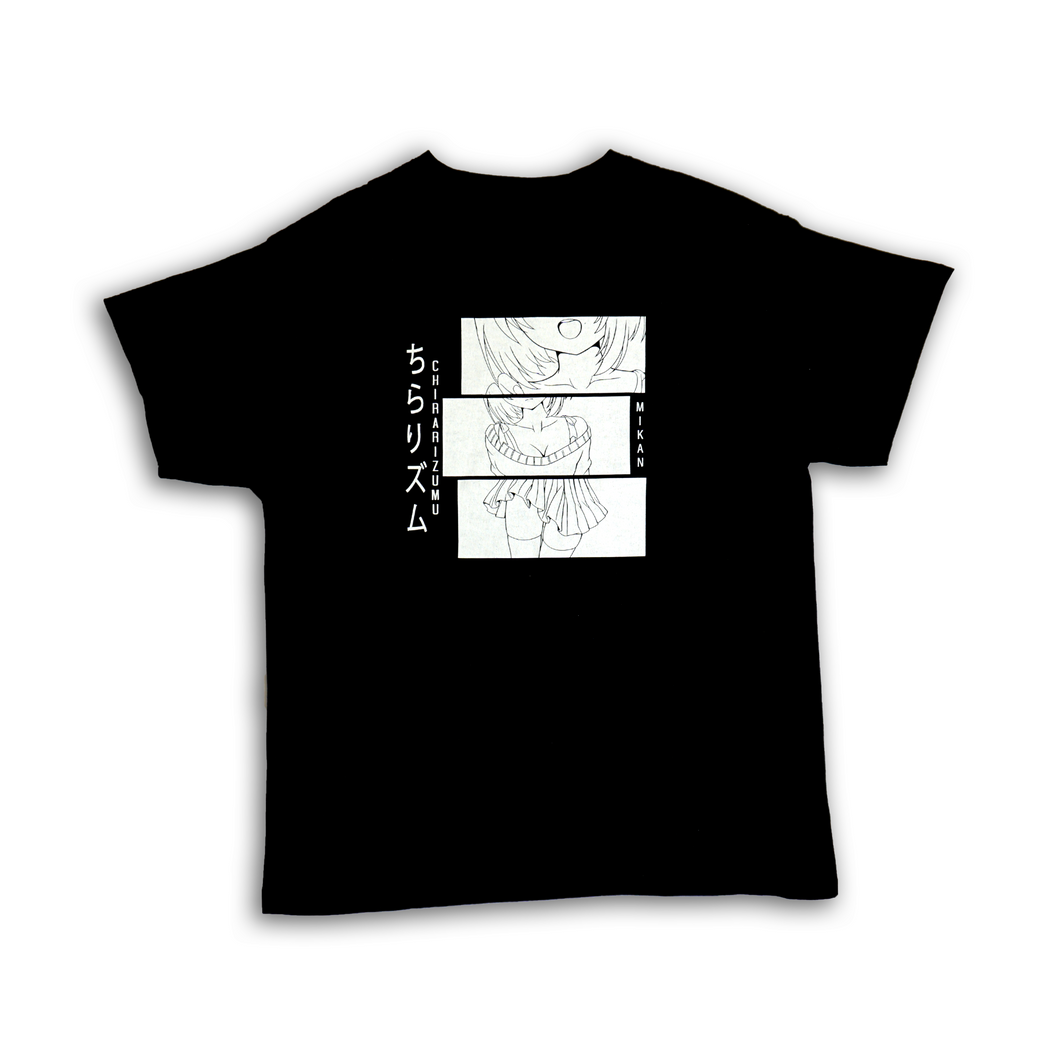 Mikan Chirarizumu shirt in white with 3 panels showing different part of anime girl face, chest, thighs