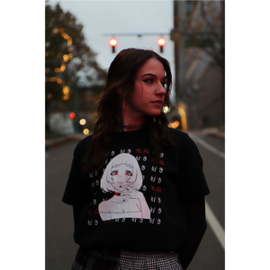 Female model wearing Yandere shirt in size small on the street